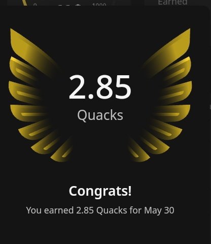 The image features a black background with a gold-colored logo of an eagle's wing, which has the number "2.85" written below it. The text above the logo reads "congrats! You earned 2.85 quacks for today the more meaningful and engaging your content is, the more quacks you earn it is calculated daily with AI powered scoring that values quality over quantity this is how attention becomes value turn your insights into rewards...".