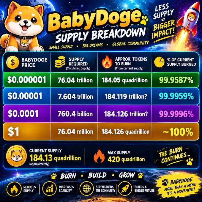 An infographic titled 'BabyDoge Supply Breakdown' shows the cryptocurrency's circulating supply, token burns needed at various price points, and total supply stats. The chart highlights that the current supply is approximately 184.13 quadrillion with a max supply of 420 quadrillion.