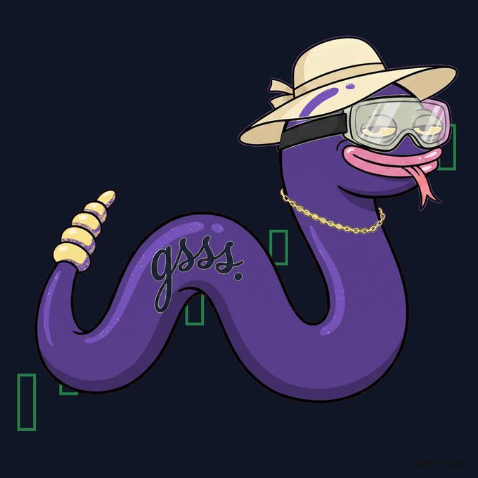 Illustration of a purple snake wearing a sun hat, goggles, and a gold chain, with the word 'gsss.' written on its body.