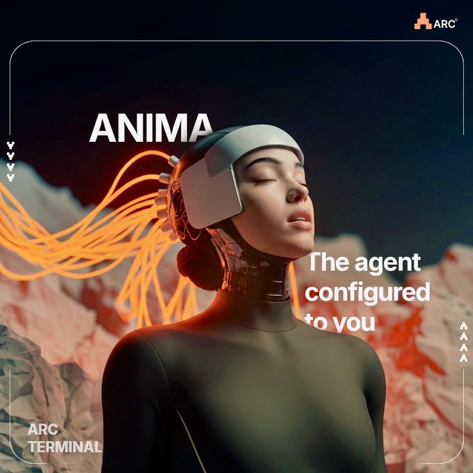A futuristic promotional poster for 'ANIMA' by ARC Terminal, showing a woman wearing a sleek VR headset with glowing orange tendrils, described as 'The agent configured to you.'
