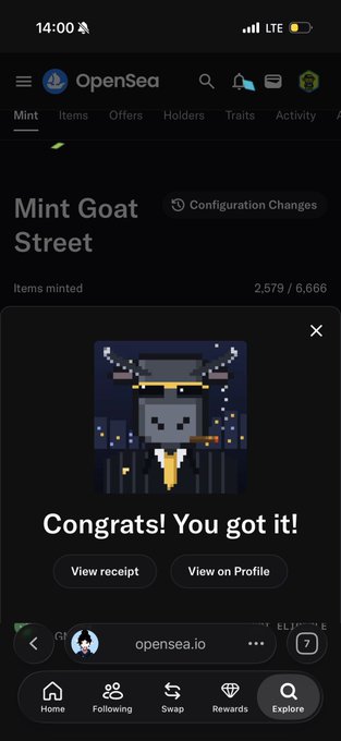 An OpenSea mobile app screenshot showing a successful mint of 'Mint Goat Street' NFT with 2,579/6,666 minted, displaying 'Congrats! You got it!'