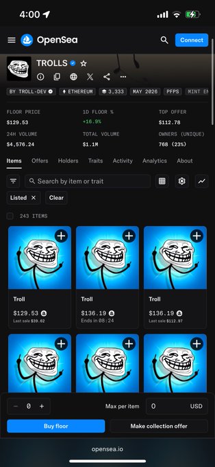 A mobile screenshot of the OpenSea app showing the 'TROLLS' NFT collection with a floor price of $129.53, listing troll face items for sale.