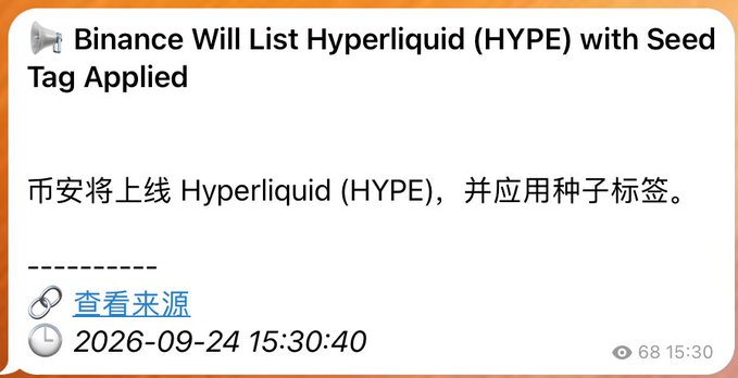 A news notification in English and Chinese announcing 'Binance Will List Hyperliquid (HYPE) with Seed Tag Applied' (币安将上线 Hyperliquid (HYPE), 并应用种子标签) timestamped 2026-09-24 15:30:40.