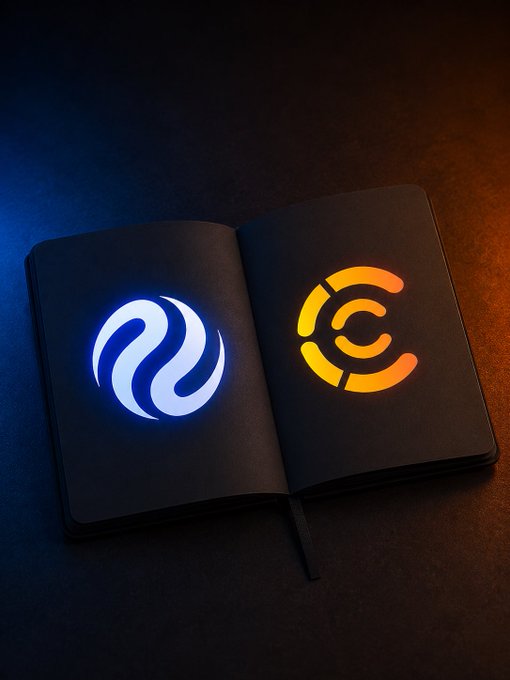 The image features an open notebook with a logo of a circle and a line through it, which appears to be illuminated by blue light. The background of the image is black, providing contrast for the illuminated logo. The caption above the image reads "Quiet evolution from @injective @ChoiceXchange started as a liquidity aggregator on Injective. Today it's evolving into your one-stop trading hub. Introducing Explore every token gets its own page."