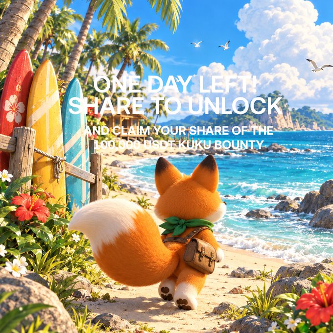 An adorable orange fox character wearing a green bow and carrying a satchel stands on a tropical beach beside colorful surfboards, with overlaid text announcing "ONE DAY LEFT! SHARE TO UNLOCK AND CLAIM YOUR SHARE OF THE 100,000 USDT KUKU BOUNTY." The scene visually promotes the KuCoin "KuKu Universe" campaign, evoking the tropical island world users can win a share of by trading $100+ in futures before the event closes tomorrow.