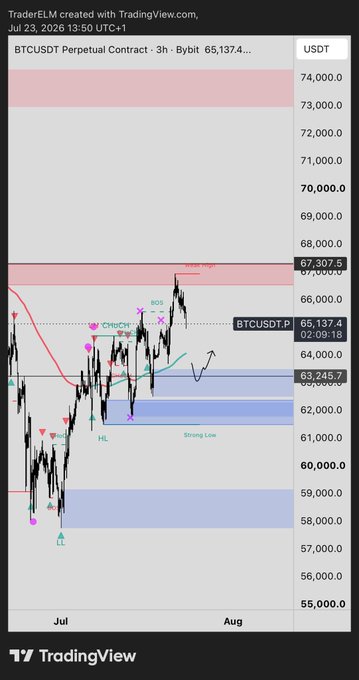TraderELM's TradingView chart for BTCUSDT Perpetual Contract on Bybit at 65,137.4, displaying annotated support/resistance levels around 59,000–74,000 with markers including BOS, SOS, CHoCH, HL, and LL.