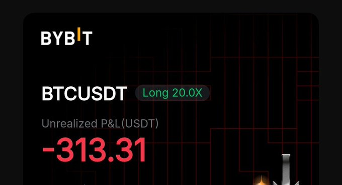 The image shows a Bybit trading interface displaying a BTCUSDT long position with 20.0x leverage showing an unrealized P&L of -313.31 USDT. This screenshot appears to illustrate a real example of leveraged trading on a CEX (Centralized Exchange), likely used as part of a tutorial discussing the differences between centralized and decentralized exchanges and their risks.