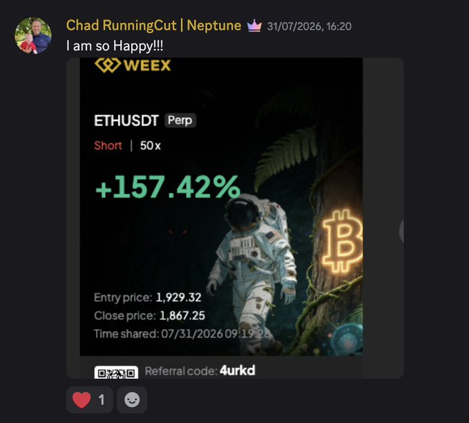 A user named Chad RunningCut | Neptune celebrates a 50x short position on ETHUSDT perp that yielded +157.42% returns, shared on 07/31/2026 with referral code 4urkd, exemplifying the trading wins highlighted in the post about reflecting on community progress.