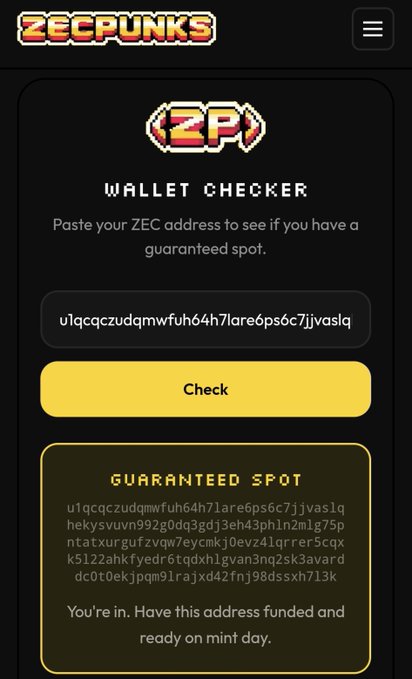 A mobile webpage titled 'ZECPUNKS' shows a 'WALLET CHECKER' tool with a text input field containing a Zcash address and a 'GUARANTEED SPOT' confirmation message below.
