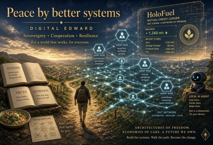 A conceptual image titled 'Peace by better systems' by 'DIGITAL EDWARD' depicting a person walking toward a glowing network of nodes, illustrating concepts like 'HoloFuel' and 'DHT NETWORK'.