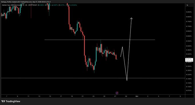 A TradingView candlestick chart of CRYPTO:USDT.D shows a sharp downward move followed by a drawn white line projecting a steep leg down to roughly 0.14, then a sharp rally back up near 0.88, reflecting the post's forecast of a final leg down before a leg up in crypto.