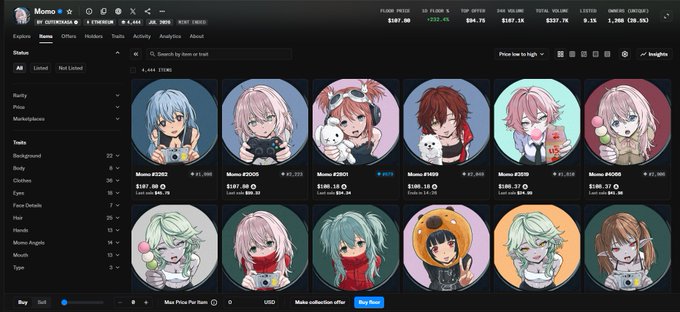 The Momo NFT marketplace interface displays a grid of anime-style character NFT listings with various prices listed in ETH, including items like 'Momo #2893', 'Momo #2905', and 'Momo #2921'.