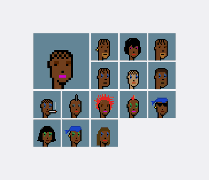 A pixel art grid displaying multiple CryptoPunk avatars, with the featured punk #1071—a dark-skinned character with checkered hair and bright pink lips—shown prominently in the top-left corner alongside 14 smaller character variations. The image showcases the newly acquired NFT from the collection.