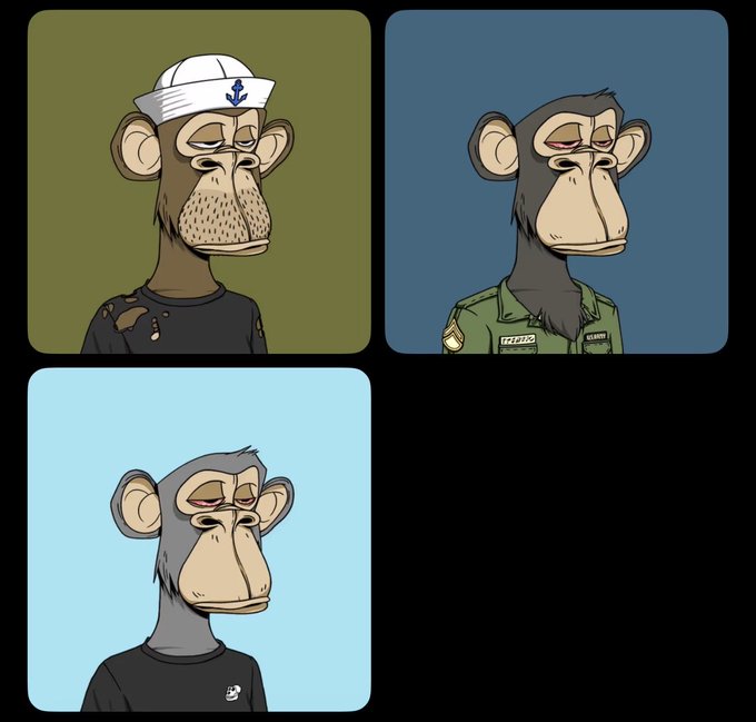 Three cartoon-style portraits of monkeys with tired eyes and stubble are displayed against olive, blue, and light blue backgrounds, with names like 'JJ' and 'EZ' visible on their shirts.