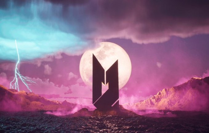 A dramatic digital artwork featuring a stylized 'M' logo silhouette against a large moon, with purple and pink clouds and a lightning bolt in the sky.