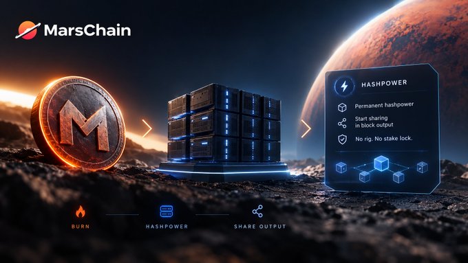 A MarsChain promotional graphic showing a 'M' coin, server racks, and hashpower features (Permanent hashpower, Start sharing in block output, No rig. No stake lock.) against a Mars planetary background with BURN, HASHPOWER, and SHARE OUTPUT navigation.