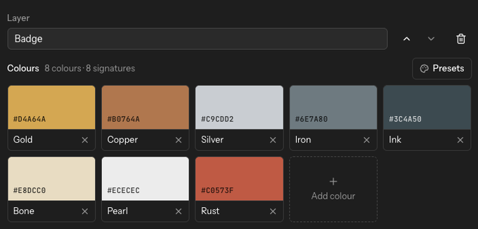 A color palette interface displays eight named color swatches—Gold (#D4A64A), Copper (#B0764A), Silver (#C9CDD2), Iron (#6E7A80), Ink (#3C4A50), Bone (#E8DCC0), Pearl (#ECECEC), and Rust (#C0573F)—under a "Badge" layer for visual rendering customization. The layout includes hex codes, remove options, and an empty slot to add additional colors, illustrating the palette configuration tool referenced in the post.