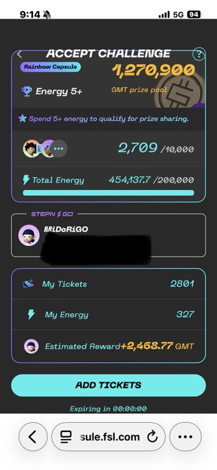 A mobile screenshot of a challenge page showing 'Rainbow Capsule', 'Energy 5+', a prize pool of '1,270,900 GMT', and an 'ADD TICKETS' button on sule.fsl.com.