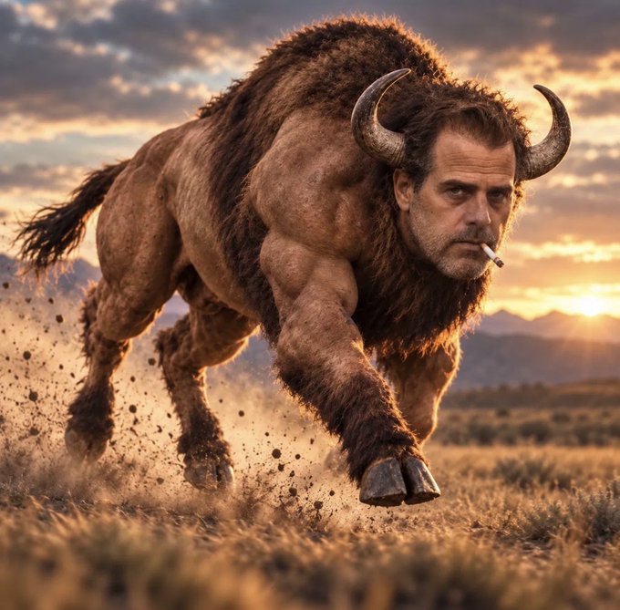A surreal digital illustration of a minotaur with a man's face smoking a cigarette, charging through a dusty plain at sunset.