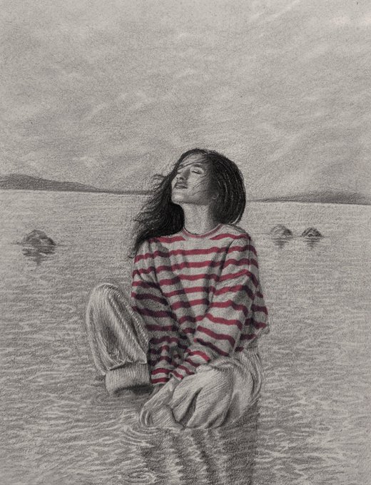 A detailed pencil-style drawing of a young woman with long hair, eyes closed and face tilted upward, wearing a red and white striped sweater and white pants, sitting in shallow water with a serene landscape behind her.