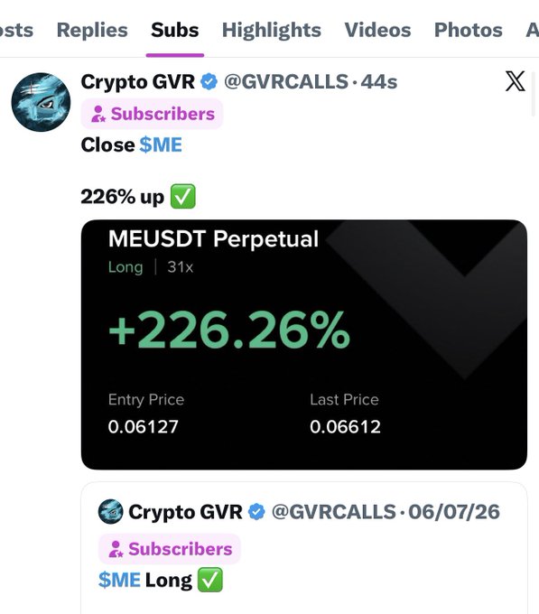 A Twitter/X post by verified account @GVRCALLS (Crypto GVR) shared 44 seconds ago shows a successful long trade on the MEUSDT Perpetual with a +226.26% gain at 31x leverage, using an entry price of 0.06127 and a last price of 0.06612. The caption notes this is Trade 779 highlighting $ME's 226% gain for Twitter subscribers, who are encouraged to subscribe for more trade updates.