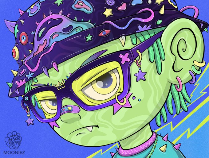 A vibrant digital illustration of a green-skinned zombie-like character with yellow eyes, wearing purple glasses and a studded spiked hat, signed 'MOONIEZ'.