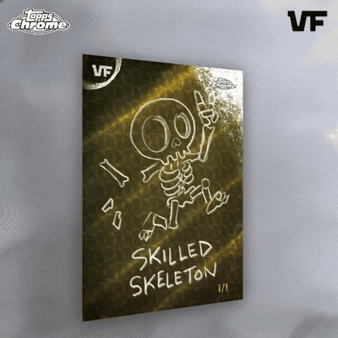 The image features a poster for a Skeleton card game, which has been skillfully drawn with white lines. The poster displays the word "Skeleton" written in black text at the bottom of the image. It also includes a small skeleton figure positioned on top right corner and the number "1" below it. The background is a light gray color that contrasts with the dark brown skeleton, making the card stand out prominently.