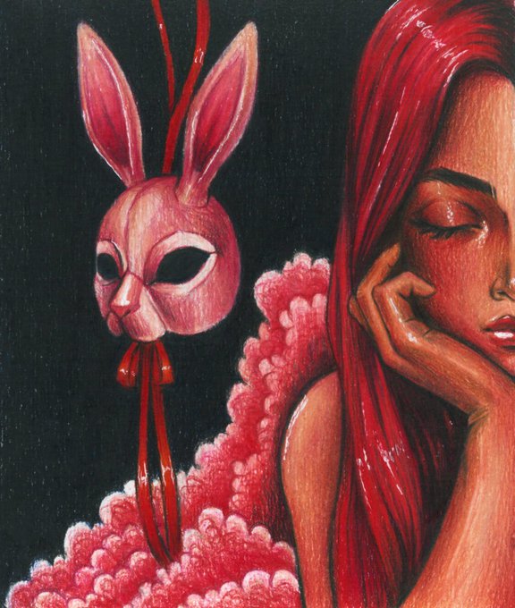 A stylized artwork of a woman with flowing red hair resting her face on her hand, standing next to a pink rabbit head wearing a masquerade mask and red ribbons, all rendered in red tones against a black background.