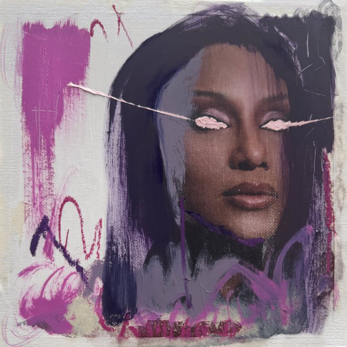 A stylized, painterly portrait of a dark-skinned woman with pink eyeshadow, with pink lips drawn over her closed eyes, surrounded by abstract purple and magenta brushstrokes.