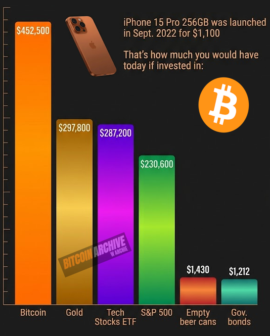 The image is a bar chart from "Bitcoin Archive" comparing the returns of investing $1,100 (the launch price of an iPhone 15 Pro 256GB in Sept. 2022) into different assets, showing Bitcoin leading dramatically at $452,500, followed by Gold ($297,800), Tech Stocks ETF ($287,200), S&P 500 ($230,600), Empty beer cans ($1,430), and Government bonds ($1,212). The chart visually reinforces the post's message by illustrating Bitcoin's overwhelming outperformance over traditional assets, directly supporting the "no second best" argument for buying Bitcoin.