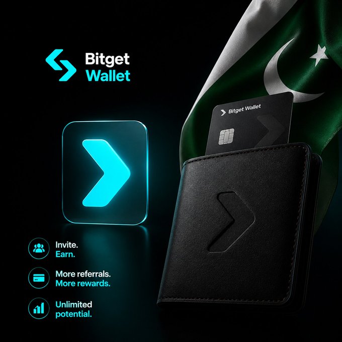 A promotional image for 'Bitget Wallet' featuring a glowing cyan arrow logo app icon and a physical black card in a leather wallet, with text 'Invite. Earn.', 'More referrals. More rewards.', and 'Unlimited potential.' against a Pakistan flag backdrop.