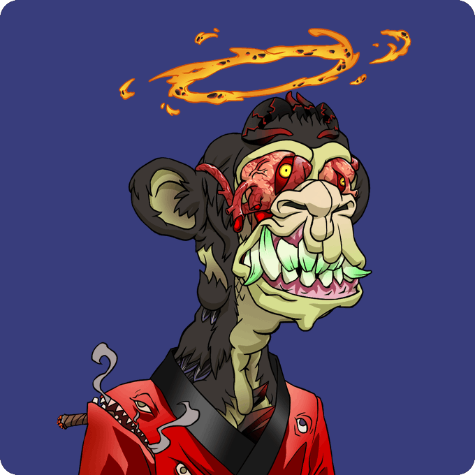 A cartoon illustration of a zombie-like ape character with a flaming orange halo, exposed red brain, green teeth, and wearing a red robe with cigarette smoke, set against a blue background.