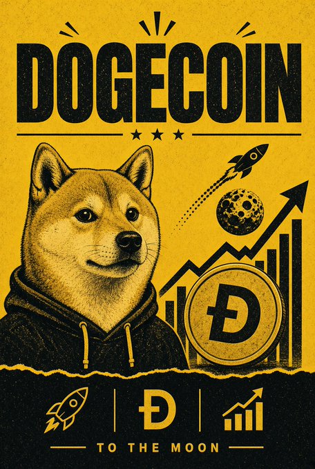 A yellow and black Dogecoin promotional graphic featuring the Shiba Inu dog, rockets, coins, and the text 'TO THE MOON'.