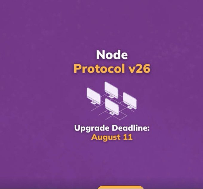 A graphic with a purple background displays the text "Node Protocol v26" above an illustration of connected computer monitors, with "Upgrade Deadline: August 11" below, visually reinforcing the announcement that Pi Mainnet node operators must upgrade to Protocol v26 by that date.