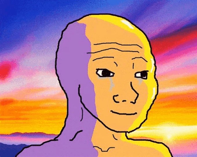 The image features a cartoon depiction of an older man with a sad expression, wearing a purple shirt against a colorful sky background. The caption below the image reads "$WOJAK to millions by @domwoods You need to read this." This suggests that the image is related to a post on social media or a website where the artist has shared their work.