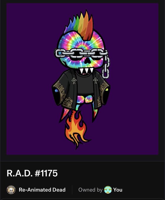 An NFT artwork displayed on a screen titled 'R.A.D. #1175' from the 'Re-Animated Dead' collection, featuring a tie-dye skull with a colorful mohawk, a silver chain over its eyes, and a black robe with flames underneath.