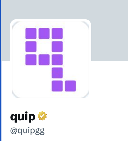 A logo featuring a grid of purple squares forming the letter 'q' on a white background, with the text 'quip' and a verified checkmark, and handle '@quipgg'.