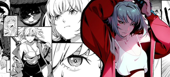 The image appears to be a manga-style illustration featuring a blue-haired female character in a red jacket and white top, alongside black-and-white panels showing other characters with determined expressions. The caption text on it reads "GUM?" within a speech bubble, and the post discusses Azuki's approach to building a TCG (trading card game) and manga together in-house, contrasting with companies like Bandai and Bushiroad that use licensed IPs—suggesting the manga artwork is an example of Azuki's original IP creation.