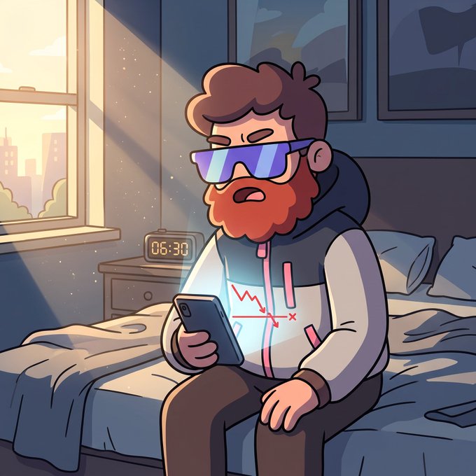A cartoon illustration of a bearded man wearing futuristic sunglasses and a hoodie, sitting on a bed in the early morning looking sadly at his phone displaying a downward-trending line graph.