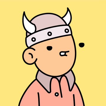 A cartoon illustration of a child wearing a Viking helmet with horns against a yellow background, with a sideways glance expression.