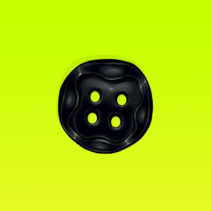 A glossy black, four-holed button centered on a bright lime green background.