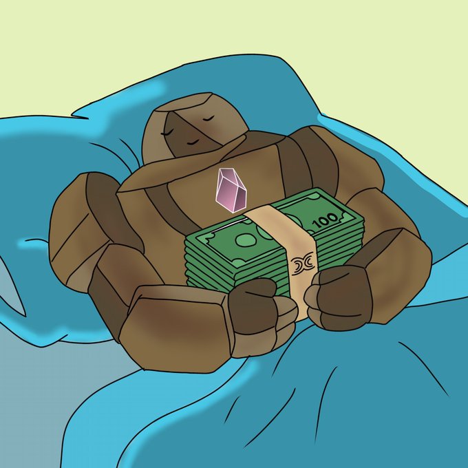 An illustration of a brown rock-like creature sleeping peacefully in bed, clutching a stack of hundred-dollar bills bound by a paper strap.