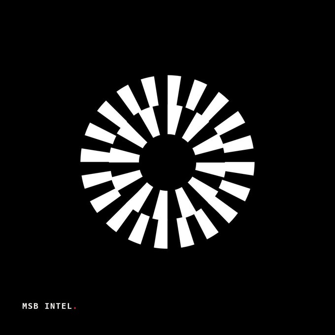 A black screen displays a white radial logo of segmented blocks arranged in a circle, with the text 'MSB INTEL.' in the bottom left corner.
