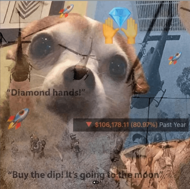 A meme featuring a sad-looking dog with cartoon diamond hands emoji and rocket emojis, with text 'Diamond hands!' and 'Buy the dip! It's going to the moon,' overlaid on a financial chart showing a $106,178.11 (80.97%) loss over the past year.