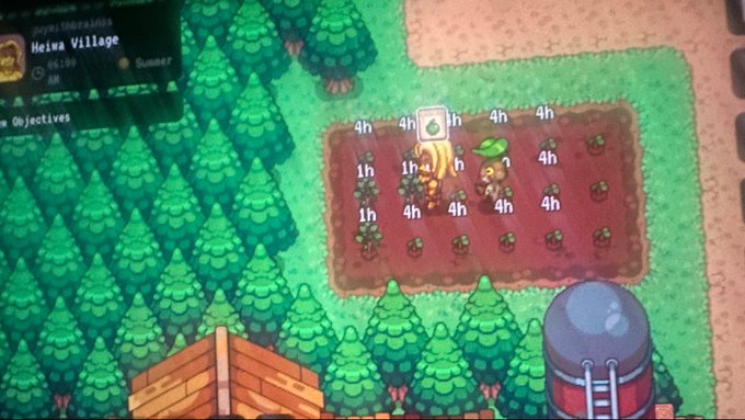 A pixel art farming game scene showing characters planting and watering crops in a field at Heiwa Village (level 100), with various time indicators like 1h and 4h above the plants.