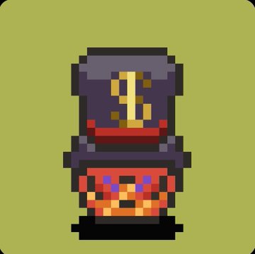 Pixel art depicting a dark figure with a yellow question mark on the upper portion and a red, patterned lower section.