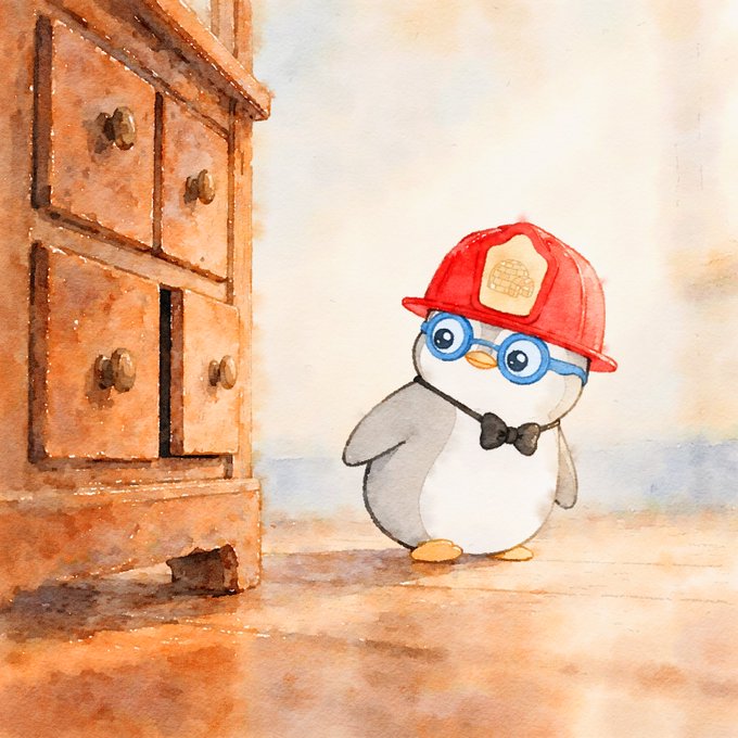A watercolor illustration of a baby penguin wearing blue glasses, a black bow tie, and a red firefighter helmet, standing next to a wooden dresser.