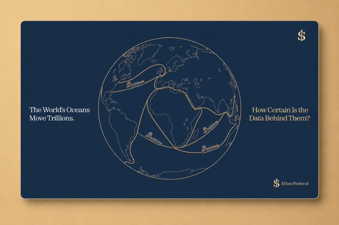 A promotional graphic with a dark blue background showing a globe with orange shipping route lines overlaid. Text reads 'The World's Oceans Move Trillions' and 'How Certain Is the Data Behind Them?' with the 'Pithra Protocol' logo and a dollar sign icon in the corners.