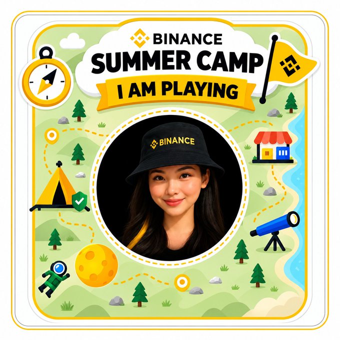 A Binance Summer Camp promotional graphic featuring a young woman wearing a black Binance bucket hat, surrounded by camping-themed illustrations like a tent, compass, telescope, and trees, with the text 'BINANCE SUMMER CAMP - I AM PLAYING'.