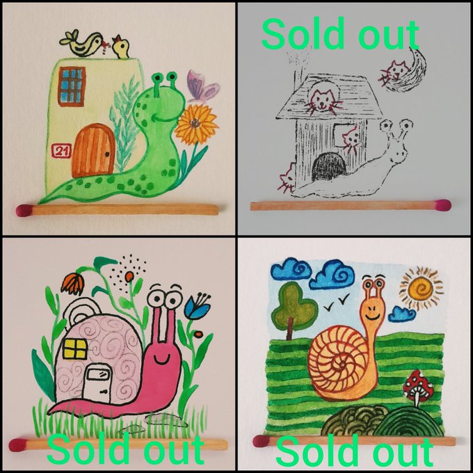 A grid of four snail-themed artworks, three of which are marked 'Sold out' in green text: a colorful painted snail with a house and flowers (top left), a black-and-white sketched version (top right), a snail with a pink shell in a garden (bottom left), and a smiling orange snail with a swirled shell under clouds and sun (bottom right).